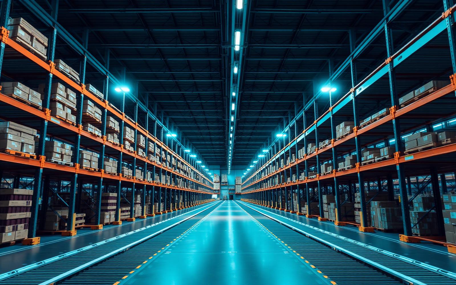 Automated distribution warehouse with high racking and conveyor lines